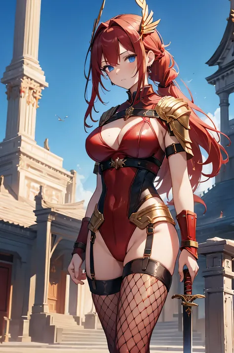 4k,High resolution,One Woman,Red Hair,Long Ponytail,Braid,Blue Eyes,Big Breasts,Valkyrie,Red sacred leotard armor,Winged headgear,Fishnet tights,Gold decoration,Jewelry decoration,Great Holy Sword,Temple in the Sky