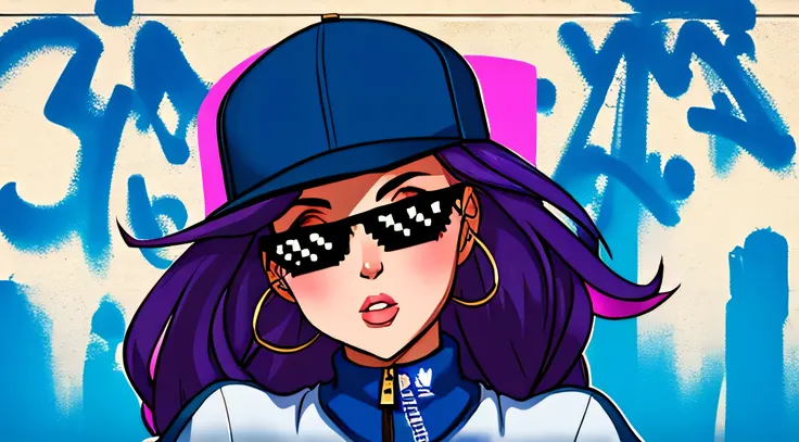 (hip hop scene) a hip hop confidant badass girl graffiti artist dealwithit badass selfie pose on graffiti wall pov
from below