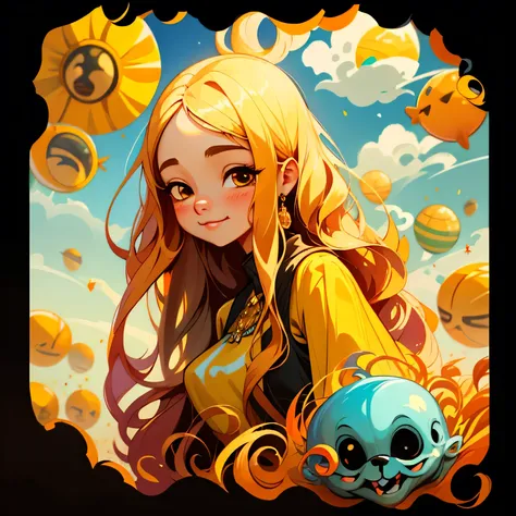 adesivo,1girl, fundo simples, retrato, girl with long hair, smilling girl, beautiful sun girl, sun aesthetic, beautiful girl, very beautiful fantasy art, beautiful and elegant female sun, beautiful detailed fantasy, yellow and orange color palate, yellow c...