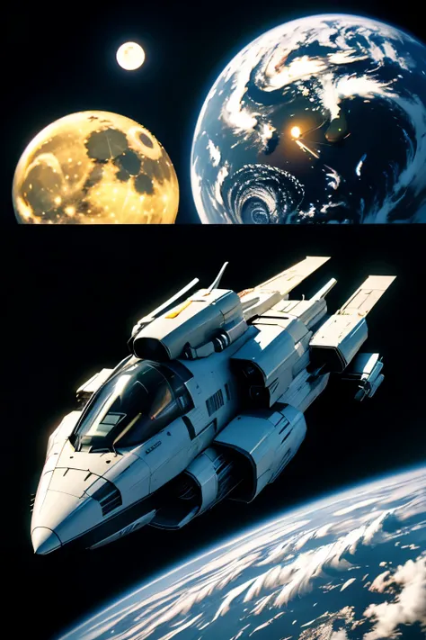 view of the earth and moon, military futuristic spaceship, superior image, zoom out