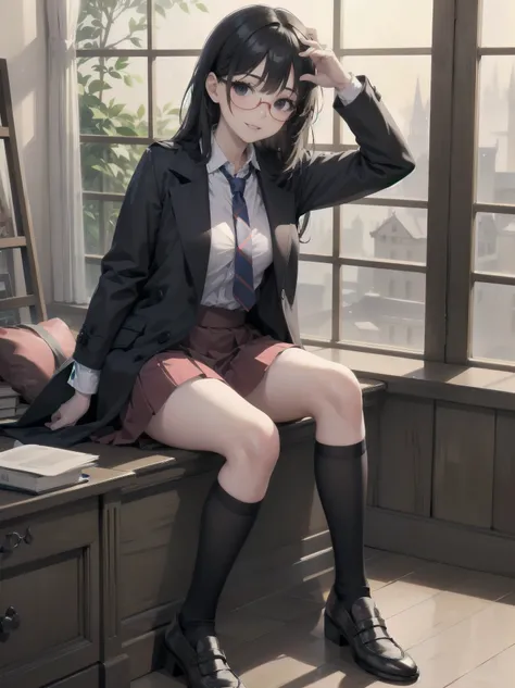 1girl, solo, looking at viewer, smile, skirt, black hair, sitting, , parted lips, necktie, glasses, socks, indoors, black eyes, coat, book, cosplay, window, red skirt, black socks, round eyewear, adjusting eyewear, hogwarts 