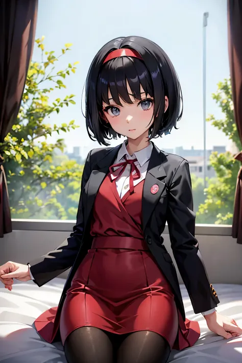 erica、pokémon、black hair、short hair、((pantyhose))、photo from below、medium chest、bedroom、one girl、red ribbon on head、((suit))、pen...