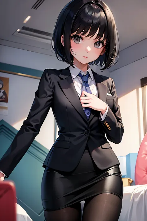 Erica、Pokémon、Black Hair、Short Hair、((pantyhose))、Photo from below、Medium chest、Bedroom、One girl、((suit))、Pencil Skirt