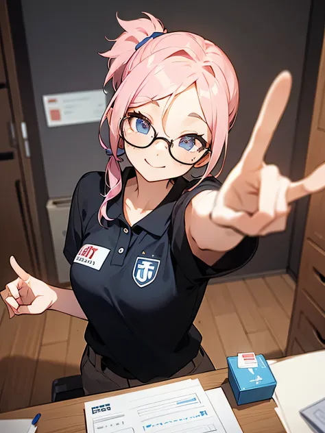 solo, upperbody, looking at viewer, cute face,pink ponytail:1.2, parted bangs:0.6, glasses, eyelash, office workers polo shirt, staff identity card,office, desk work, filing cabinet, big smile, (making V sign),