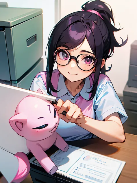 solo, upperbody, looking at viewer, pink pony tail, parted bangs:0.6, glasses, eyelash, office workers polo shirt, staff identity card,office, desk work, filing cabinet, big smile, 