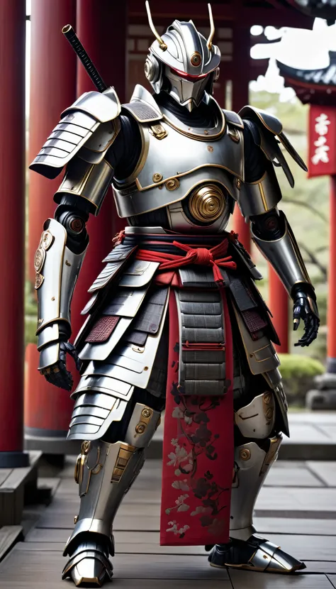 In a mystical realm, a seasoned samurai droid named Kael stands as a striking figure. Its sleek, metallic frame, weathered by years of rigorous training, is clad in traditional samurai armor. A sash cinches its waist, and its limbs are designed for fluid m...