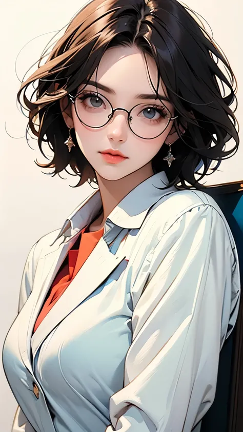 (highest quality、masterpiece)、(Concept Art)、(Avatar)、(icon)、((One Woman))、((alone))、((whole body))、office lady,suit,pantyhose,short hair, Messy Hair, Semi-rimless eyewear,(Looking into the camera)、 (from the front)、 (Soft Light)、(Soft Shading)、 (pastel col...