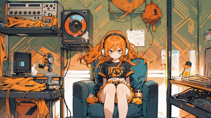 high resolution、One Girl、Wearing headphones、Logo T-shirt and hot pants、Inside a minimalist room、Fabric sofa、Fender Guitars、Vibrant colors、Vivid Color、Warm shades、Full body images、Orange long hair、