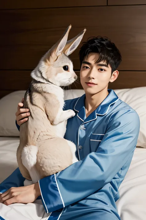 Male wolf ears, shy face, wearing this pajamas, lazing on the bed, turning his body, and a rabbit ear next to him, looking at this male rabbit looking at each other