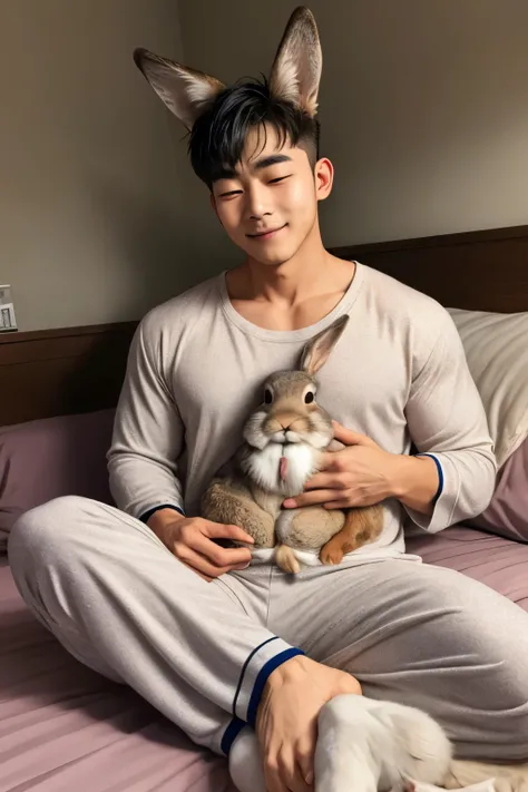 Male wolf ears, shy face, wearing this pajamas, lazing on the bed, turning his body, and a rabbit ear next to him, looking at this male rabbit looking at each other