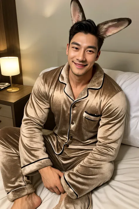 Male wolf ears, shy face, wearing this pajamas, lazing on the bed, turning his body, and a rabbit ear next to him, looking at this male rabbit looking at each other