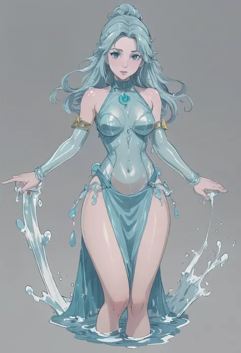 anime style, (full body:1.2), 1girl, woman, solo, [:creative costume design:0.2] water goddess, liquid skin, liquid hair, (liquid fabric:1.2)), (see-through), simple background, jrpg character concept art