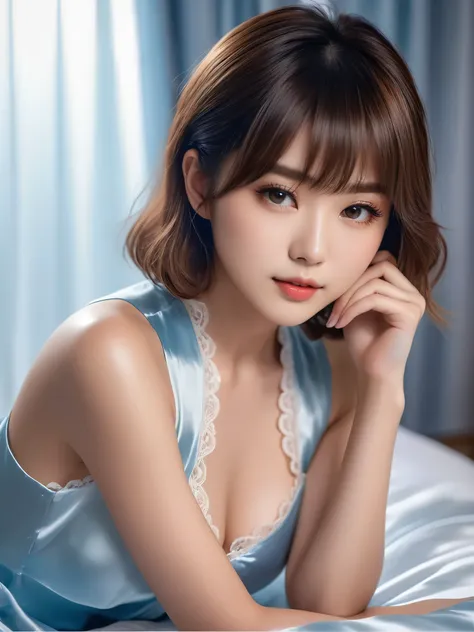 masterpiece, 1 woman per 1photo, full body shot, front view, a Japanese young pretty woman, hyper pretty face, 18 years old, short hair, sitting on a silk bed, wearing only a sleeveless silky satin light blue chemise with white laces, busty, wet body, glos...