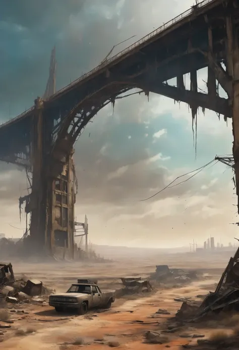 Desolate landscape has the rusty and deteriorated Statue of Liberty in the middle of the image, View of a deteriorated bridge winding between 2 buildings in the center of a post-apocalyptic canyon, has 2 planets visible in the blue-gray sky atmosphere, vis...