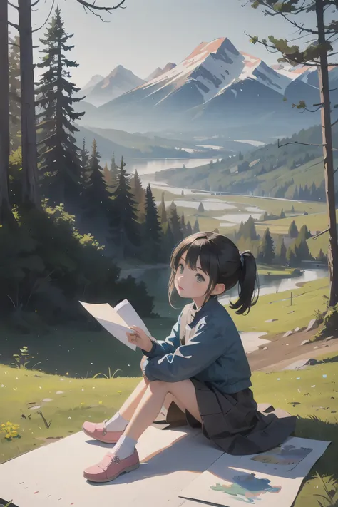 a (((little girl))) sitting amidst a serene (((mountain landscape))), surrounded by a mix of colorful ((drawings)) made with pap...