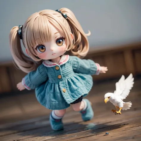 Photorealistic、Chibi Girl Doll（A  flying through the sky on the back of an eagle）