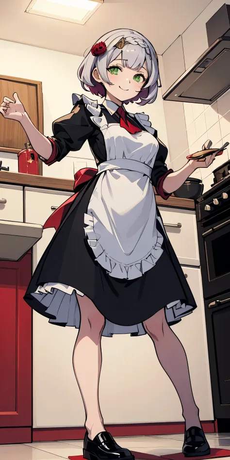 masterpiece, best quality, syrene, green eyes, headband, fates maid, kitchen, full body from below, cooking, smile red cheeks