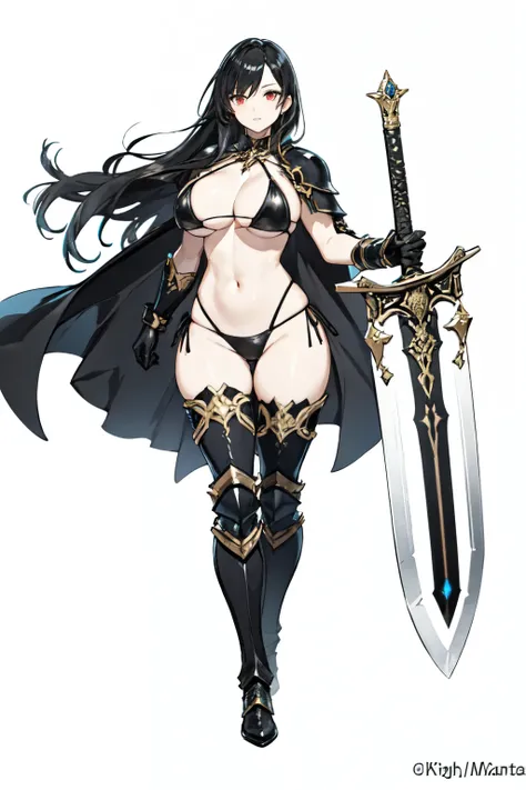 High quality, red eyes, long black hair, gigantic breasts (E size), knight woman, black bikini armor, metal boots, metal gloves, alone woman, full body. black Great Sword. cape. 