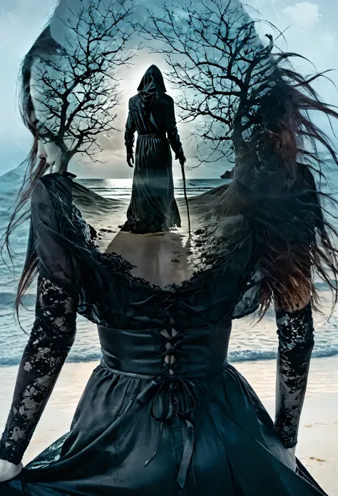 (double exposure of black grim reaper and beautiful woman), [close-up of black grim reapers face in the distance above: beautiful woman standing on the beach, wearing a beautiful dress : 0.25],