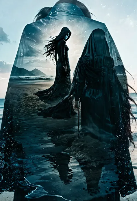 (double exposure of black grim reaper and beautiful woman), [close-up of black grim reapers face in the distance above: beautiful woman standing on the beach, wearing a beautiful dress : 0.25],