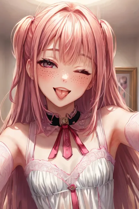 wink, one eye closed, playful smile, tongue out,, masterpiece, best quality, absurdres, highres, 4k, ray tracing, intricate details, highly detailed, (1girl:perfect face, small breasts, long hair, bangs) skin tone, artistic photorealistic drawing of 5, med...