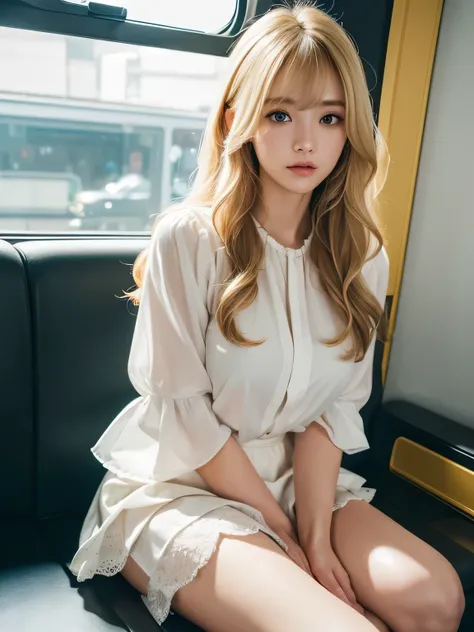 8K、Photo image masterpiece、highest quality、Super-resolution、Low angle view from the feet、A woman being molested、Voyeur、Beautiful woman with golden, messy curly hair、((Blonde beauty))、With bangs、Impossibly cute face、And slim、Small breasts、High resolution、ma...