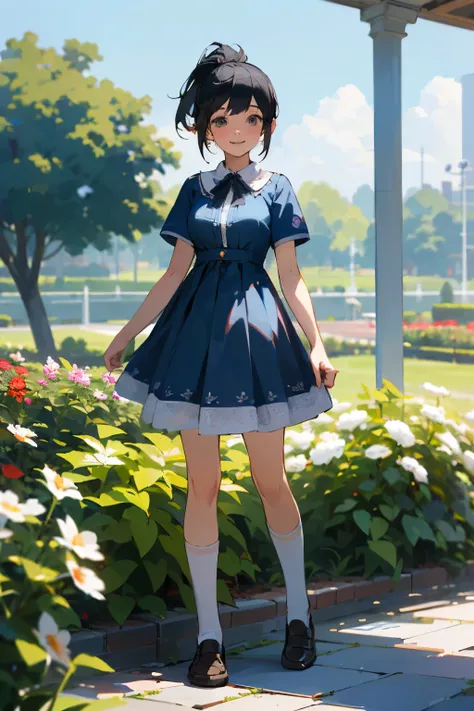 (high quality, High resolution, Very detailed, reality:1.37), Peaceful atmosphere, (Outdoor, garden), Teenage girl standing alone, (my breasts are big.), Beautiful details, Cute Smile, (Black hair ponytail), Blue short-sleeved dress, White socks, loafers.