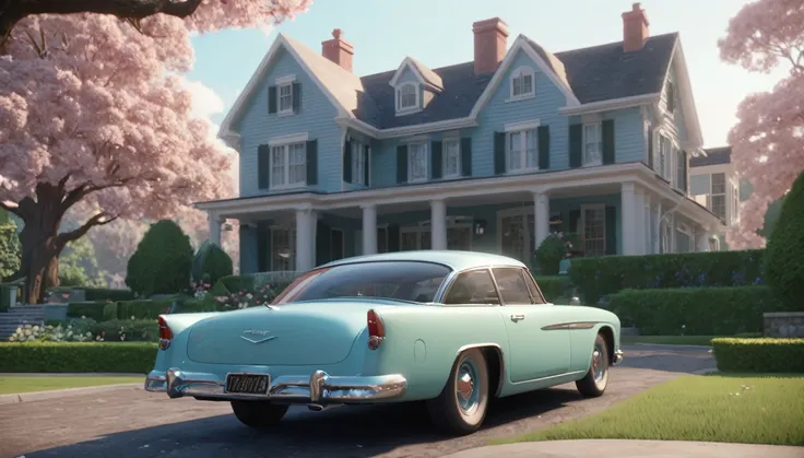 a classic car parked in front of a large house, disney concept art :: nixri, vray beautiful, still from riverdale, houzz, screenshot from the game, beautiful aerith gainsborough, by Morris Kestelman, cg architects, cozy 1 9 5 0s, by Patrick Ching