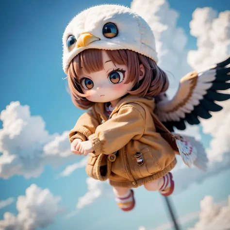 Photorealistic、Chibi Girl Doll（A  flying through the sky on the back of an eagle）