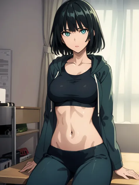 green eyes, (green color hair:1.2),By bang，short hair, 
BREAK (jacket, open clothes, midriff, hood, open jacket, hoodie, bottle, blue jacket, hooded jacket, hood up, sports bra:1.2),
BREAK sitting cross-legged on a chair, break indoors, classroom, break lo...