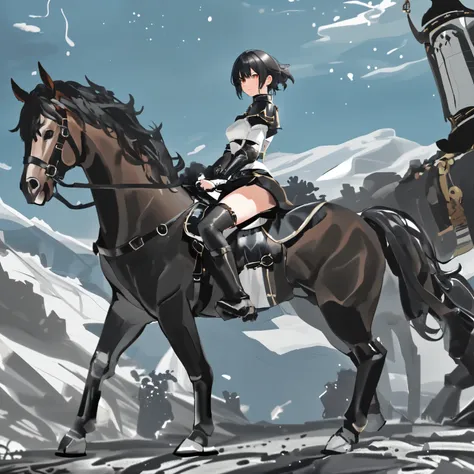 female knight wears black clothes with white armor with black miniskirt riding a brown horse at the mountainside during the day