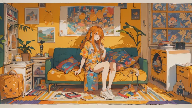 high resolution、one girl、wearing headphones、aloha shirt and hot pants、inside a minimalist room、fabric sofa、gibson guitars、vibran...