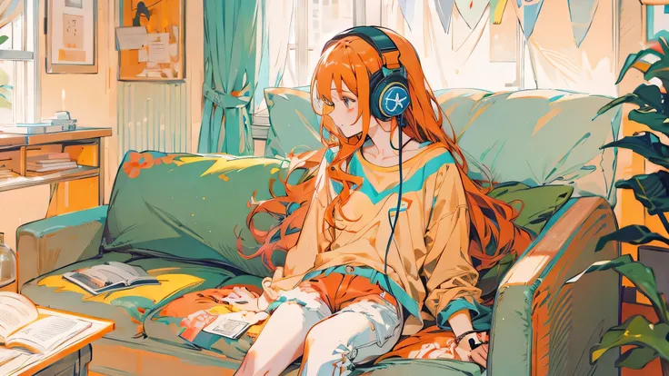 high resolution、one girl、wearing headphones、fu shoulder shirt and hot pants、inside a minimalist room、fabric sofa、vibrant colors、...