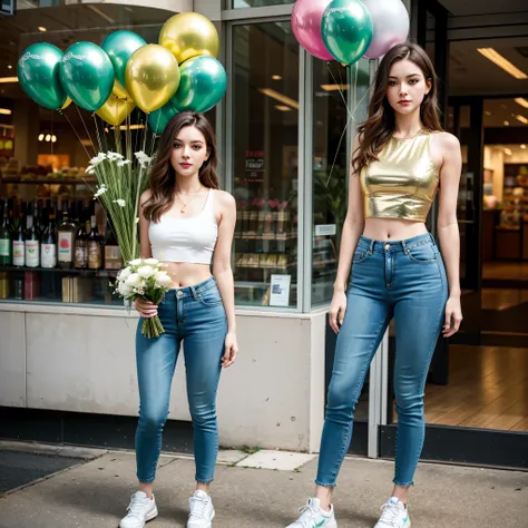 (masterpiece, best quality: 1.2), 1 girl, alone, green eyes, slim, beautiful, jean pants, tight crop top, jollas, tennis shoes, (holding a bouquet of metallic colored balloons), slight smile, looking at the viewer, inside a shopping plaza.