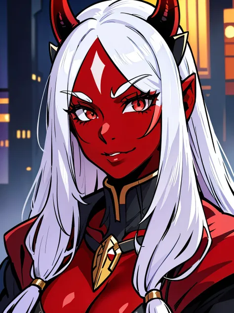 A large red-skinned oni woman dressed as a news reporter, long white hair, smooth red horns coming from her forehead, bright red skin, muscular, disgusted expression, detailed facial features, beautiful detailed eyes, beautiful detailed lips, extremely det...