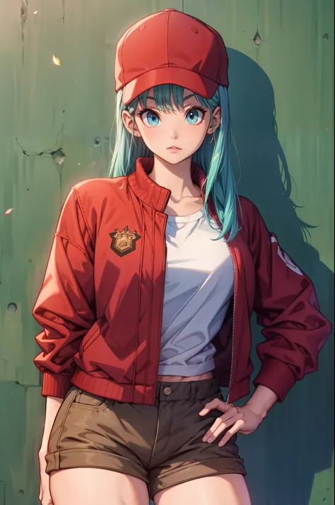 Dragon sphere, blmlong, bulma, water hair, cabelo longo, shorts, shorts marrons:1, boné de baseball, Red cap, Red Hat, jaqueta vermelha, jaqueta de couro, camisa branca:1.2, tiro de vaqueiro, olhos perfeitos:1.2, olhos detalhados:1.6, CG 8K ultrarrealista,...