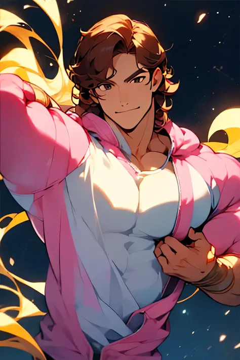 avatar,short wavy hair, white shirt,pink jacket, young male, brown eyes, night time, brown hair, smirk, golden crown