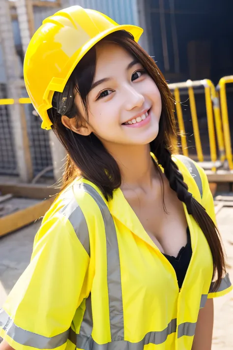 A 19-year-old girl with a very cute face like an idol who looks 15.、Gentle and cute、A kind smile、Building construction workers　Yellow Helmet、Work clothes、Building construction site、Cleavage、whole body、RAW Photos、Genuine、Genuine、High resolution、Genuine Life