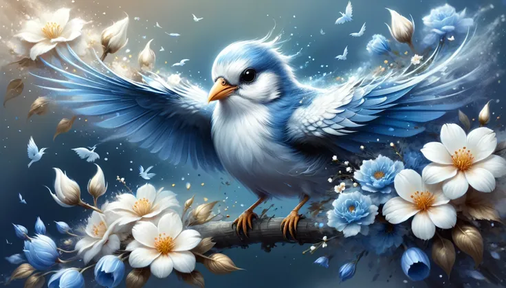 a painting of a bird surrounded by flowers, 3 d icon for mobile game, by Anne Stokes, medibang, white and gold color palette, an ai generated image, in the style of ross tran, extremely detailed fur, and blue, Ghost Festival, is looking at a bird