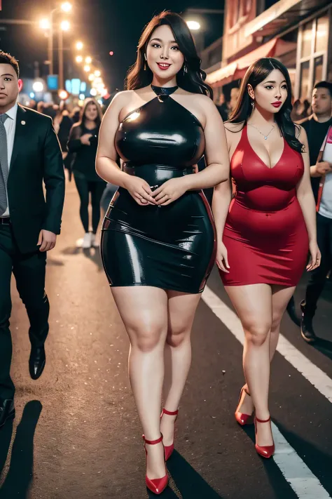 3 Fatgirls , fat body , thick body , thick waist and thick hips ,  , soft curvy body sape , thick hips , widest hips ,smooth whight skin , round face , red lips , smile , long brown stable heir , long lage, red shoes large   breasts, large hip, one hand in...