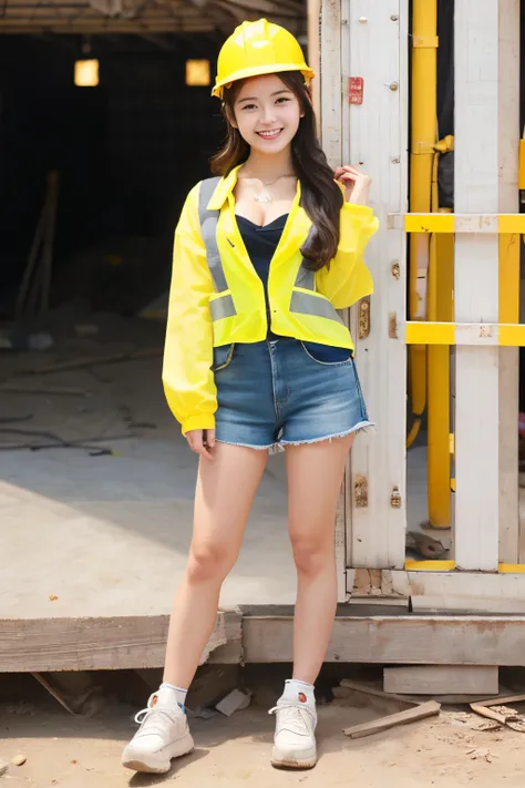 A 19-year-old girl with a very cute face like an idol who looks 15.、Gentle and cute、A kind smile、Building construction workers　Yellow Helmet、Work clothes、A building construction site with many male workers、Cleavage、whole body、RAW Photos、Genuine、Genuine、Hig...