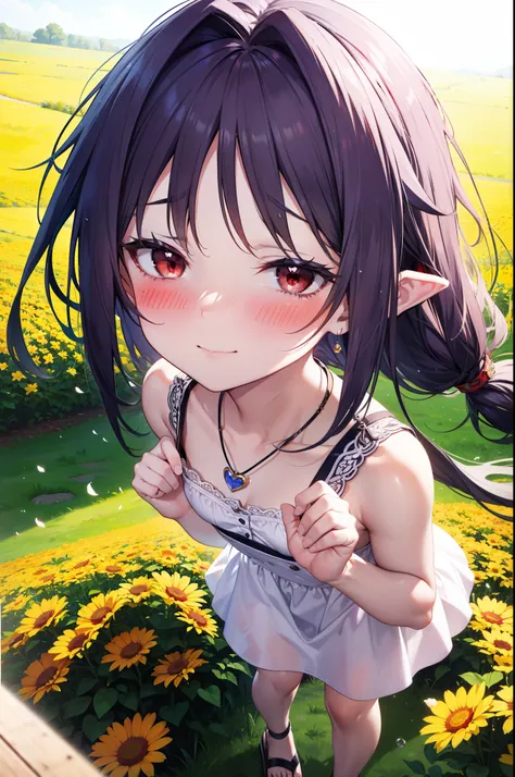 yuukikonno, Konno Yuuki, hair band, Long Hair, Pointed Ears, Purple Hair, (Red eyes:1.5), (Small breasts:1.2), Squint both eyes,blush,happy smile, smile, Close your mouth,White sleeveless dress,Bare arms,Heart Pendant,mini skirt,Cute Sandals,corolla,whole ...