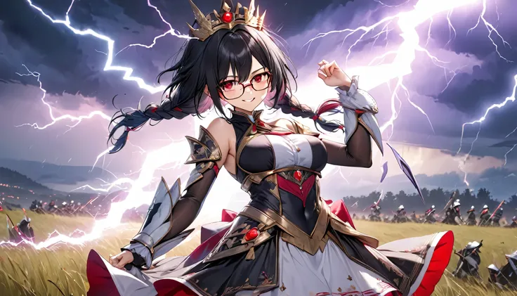 (solo long braid hair black hair cute femdom girl, detailed red eyes, angry smile, glasses, 18 yo, big:0.6 tits), (hands with lightning:1.4), (in a detailed Magic Queen Dress), BREAK, panoramic (in the battlefield), (background a lightning:1.6), perfect an...