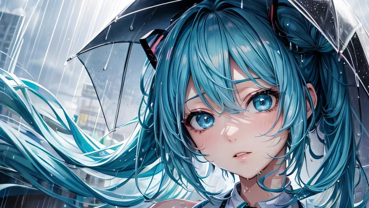 miku hatsune : 1.3, Blue Hair: , Cinema Lighting, Surrealism, Ultra-high resolution, Accurate, Super detailed, Textured skin, High detail, highest quality, 8k,Thin bangs, Detailed Hair,Focus on the face,Rainy Town,Wet clothes,rain,Cute clothes,