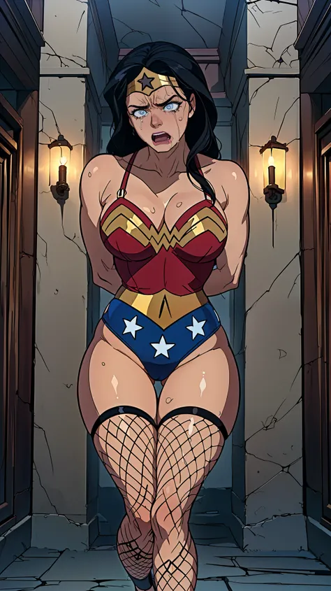 (((SUPERHEROINE WONDER WOMAN esta vestindo lingerie rendada, CALCINHA RENDADA ESTRELADA, fishnet pantyhose, estilettos high heels))), ((WONDER WOMAN IS HANDCUFFED IN THE LAIR OF  TORTURERS))), ((estuprada, surrada, humilhada, derrotada)), ((emotional expre...