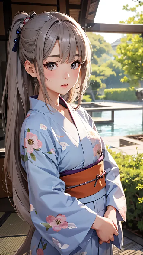 highest quality、Realistic、female、Japanese、zoom、cute、Gray Eyes、Chestnut Hair、Bonytail、Yukata