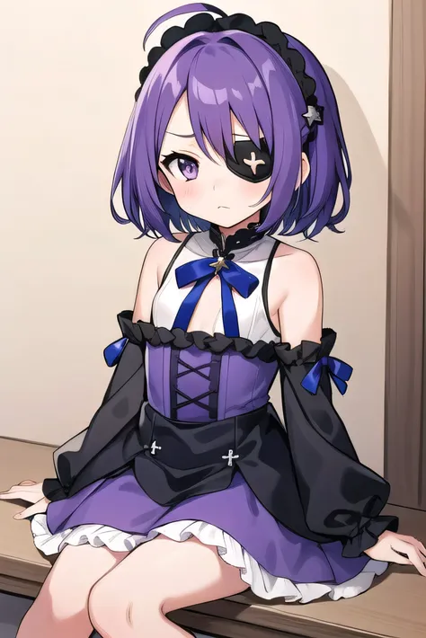 (Purple hair:1.4), gray eyes, white , navy blue miniskirt, 11 years old, short, short long hair, kind expression, shy,  almost no breasts, slightly exposed. hair,(flipped hair ), flipped hair, long sleeves, ahoge, girl alone, flipped hair, flipped hair, fl...