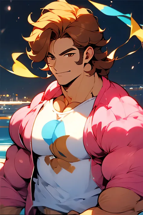 avatar,short wavy hair, white shirt,pink jacket, young male, brown eyes, night time, brown hair, smirk, golden crown, huge bulge