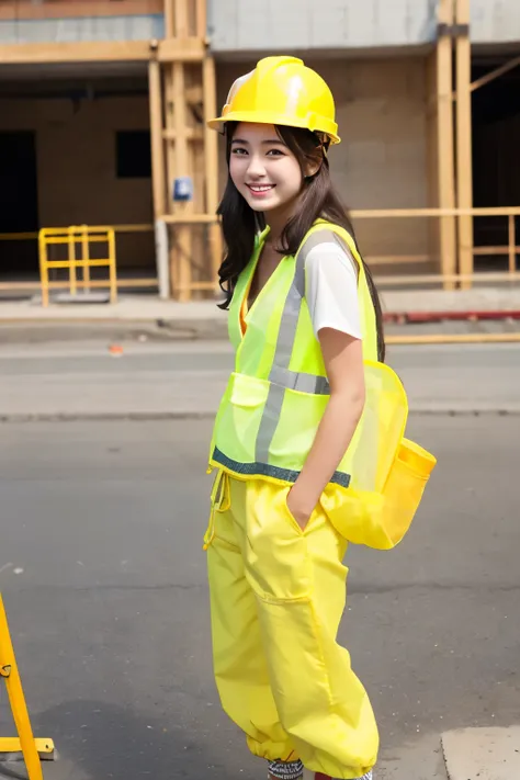 A 19-year-old girl with a very cute face like an idol who looks 15.、Gentle and cute、A kind smile、Building construction workers　Yellow Helmet、Work clothes、Cleavage、whole body、３Male construction worker、３Male construction worker、RAW Photos、Genuine、Genuine、Hig...