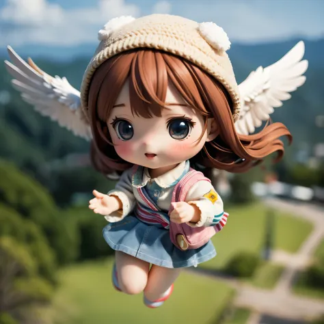 photorealistic、chibi girl doll（a  flying through the sky on the back of an eagle）